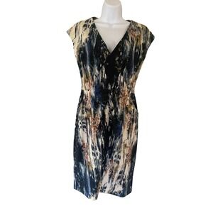 Lela Rose Abstract Print V Neck Cap Sleeve Knee Length Cotton Blend Dress Size 4